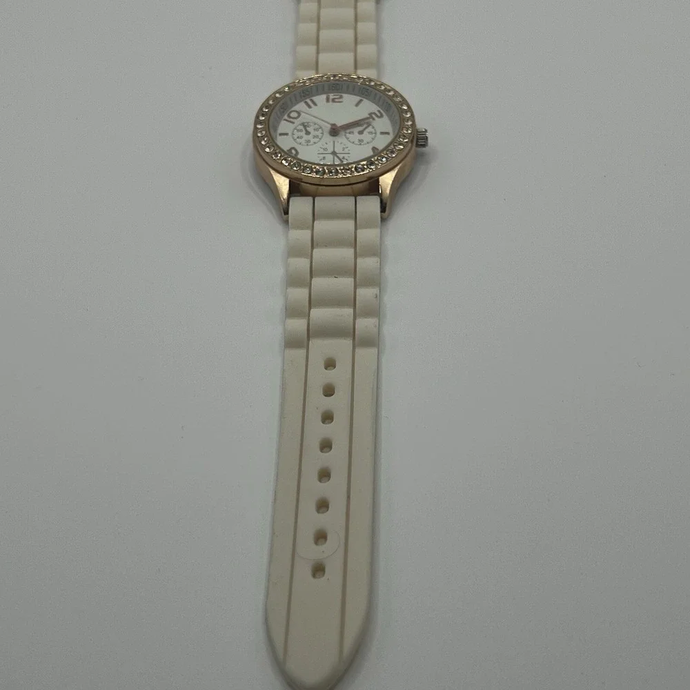 Ladies Trendy Round Rose Gold Tone Bezel‎ White Dial Poly Band Analog Watch J6